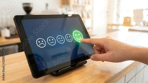 Hand touching happy face emoji on tablet screen for customer feedback survey satisfaction