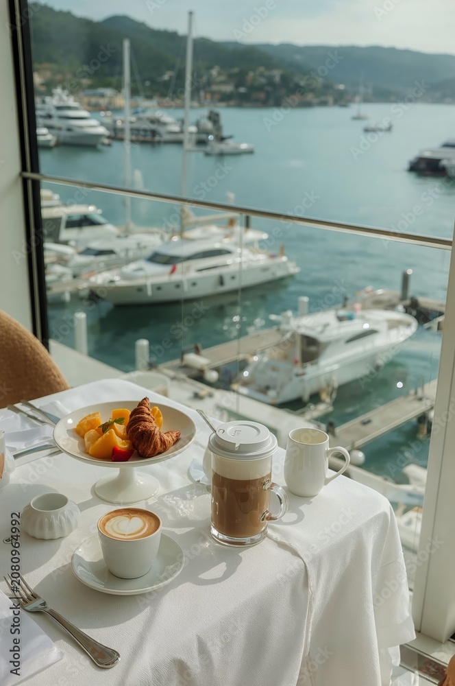 Fototapeta premium Breakfast on a Table by the Water With Boats in a Harbor During the Day
