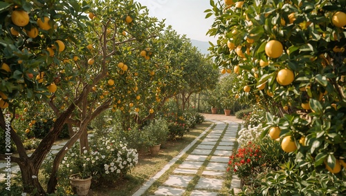 Lemon Trees and Flowers Line a Garden Path During Daylight in a Rural Setting