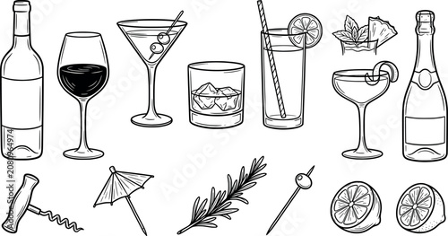 Canvastavla Collection of alcoholic drinks, cocktails, and bar accessories transparent backg