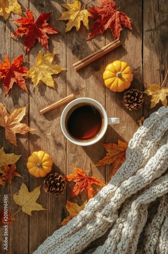 Cozy Fall Scene With Leaves, Coffee, and Pumpkins on Wooden Table