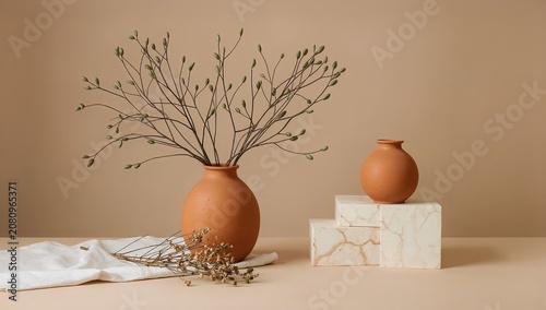 Decorative Pottery With Branches on a Simple Table in a Neutral Setting