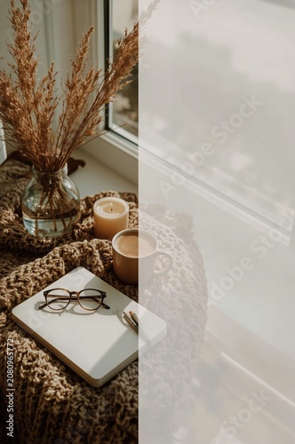 Cozy Setup With a Cup of Coffee, Candles, and a Notebook by the Window During...