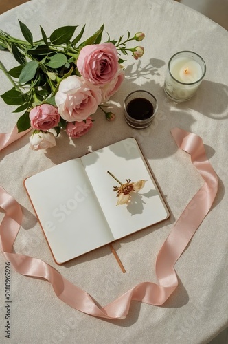 Flowers, a Candle, Coffee, and an Open Notebook With a Pink Ribbon in a Softl...