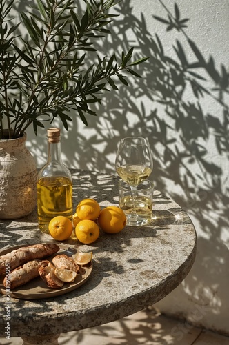 Table Set With Food and Drink in a Sunny Outdoor Space in a Warm Climate