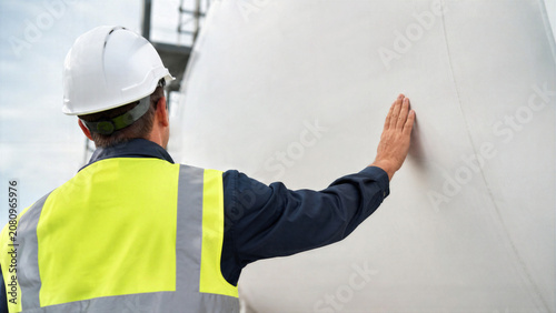 Man engineer in hard hat touching large white storage tank at industrial refinery. Concept of expensive fuel energy and oil crisis. Professional inspection of gas container system.