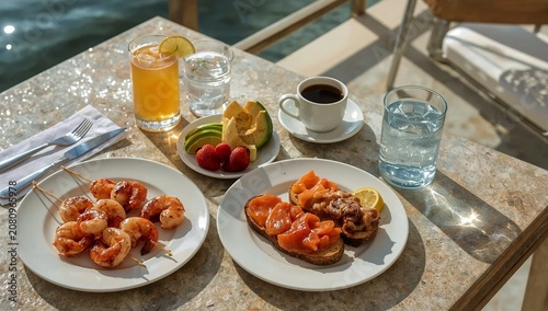 Fresh Seafood and Fruits Enjoyed at a Seaside Restaurant During Midday