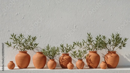 Clay Pots With Plants Arranged on a Shelf in a Bright Setting