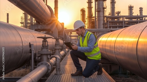 Petrochemical technician using digital tablet for pipeline inspection during sunset. Maintenance specialist monitoring oil and gas infrastructure at industrial refinery plant.