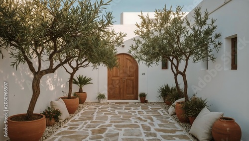 Beautiful Courtyard With Olive Trees and Wooden Door on a Sunny Day in a Medi...