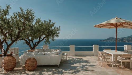 Seaside Terrace With Seating and Umbrella Overlooking the Ocean on a Sunny Day