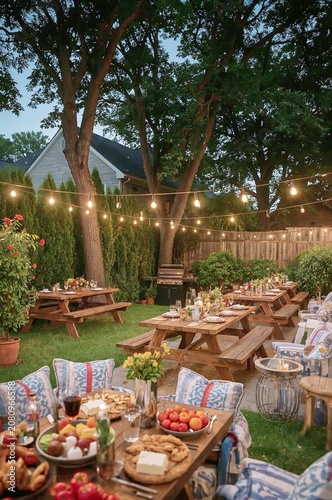 Gathering at a Backyard With Lights and Food During Summer Evening