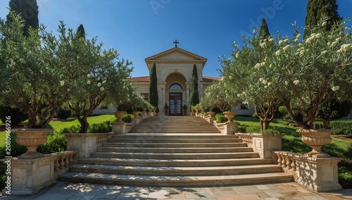 Building With a Staircase Surrounded by Olive Trees on a Sunny Day in a Seren...