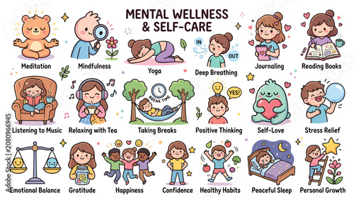 Fotografija Mental Wellness and Self-Care Activities Illustrated with Colorful Characters Fe