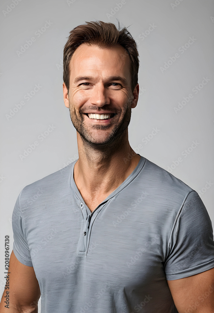 Fototapeta premium Smiling adult man in casual grey shirt with neutral background