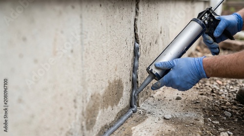 Worker applying sealant to concrete foundation crack