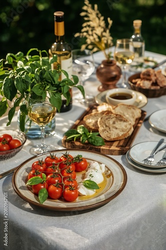 Gathering With Fresh Food and Drinks Outdoors in a Sunny Setting