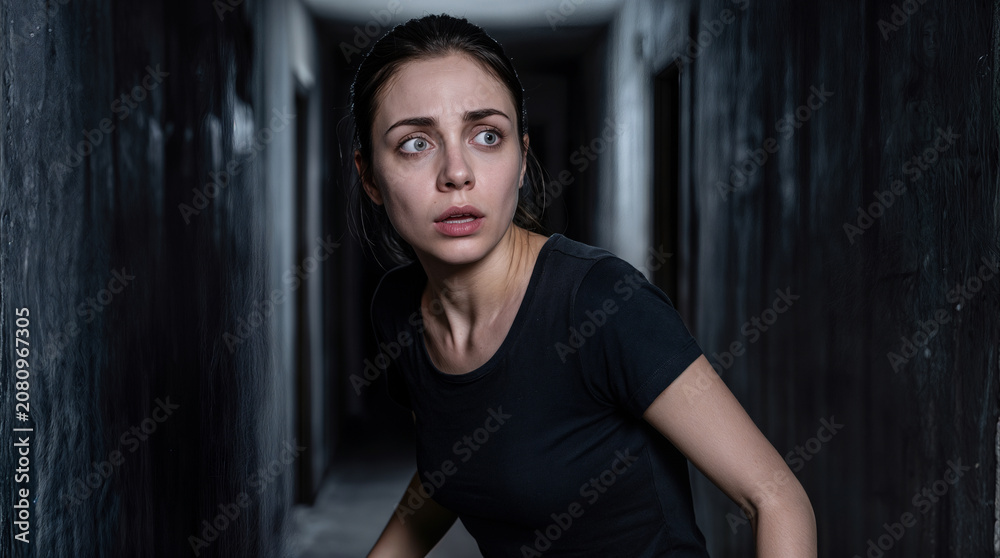Fototapeta premium Scared woman looking back in dark narrow hallway. Fear and anxiety concept in dimly lit corridor.