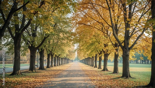Colorful Trees Line a Path in a Park During Autumn in the Early Morning