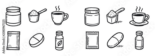 Nutrition icons with jar scoop cup handdrawn