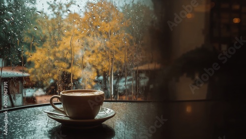 Warm Drink Sits on Table by Window With Rain and Trees Outside on a Cloudy Day