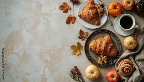 Croissants, Apples, and Pumpkins on a Table in a Cozy Setting During Autumn