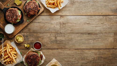 Burgers Served With Fries on Wooden Table in Casual Dining Setting During Lun...