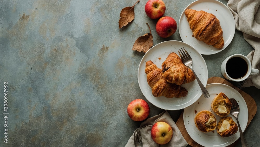 Fototapeta premium Freshly Baked Croissants and Apples on a Table With a Cup of Coffee in a Cozy Kitchen Setting