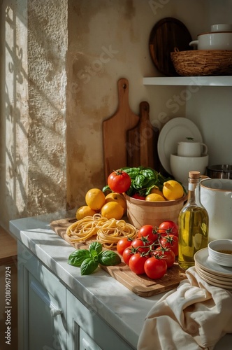 Fresh Vegetables and Pasta Arranged on a Kitchen Counter in the Afternoon Light