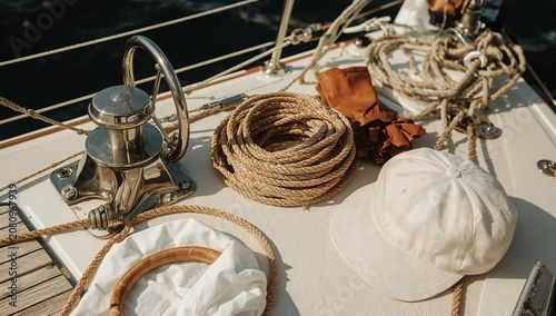 Sailing Equipment and Supplies on a Boat Deck During a Sunny Day