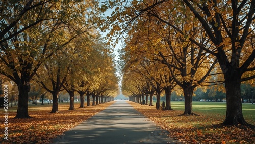 Autumn Path Lined With Trees and Fallen Leaves in a Park on a Clear Day