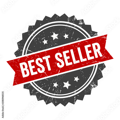 Best Seller Rubber Stamp Seal with Red Banner on Grunge Background Texture