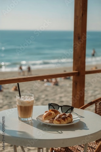 Enjoying Snacks and a Drink by the Beach With People Playing in the Sand and ...