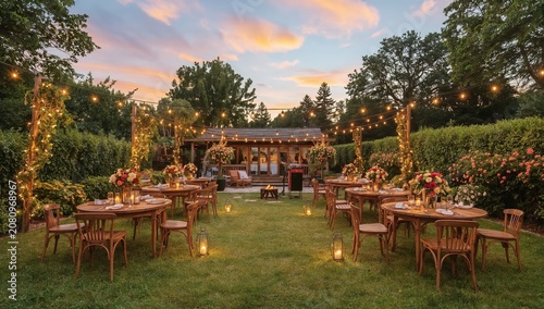 Garden Party Setup With Tables and Decorations at Sunset in Summer