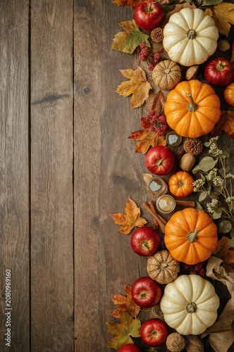 Fall Decoration With Pumpkins, Apples, and Leaves on a Wooden Table