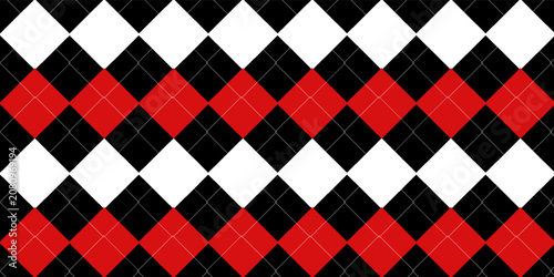 Harlequin red and black seamless pattern. Argyle diamond fabric texture. Classic lozenge simple background with gold line. Joker venetian rhombus carnival ornament bg. Vector design illustration.