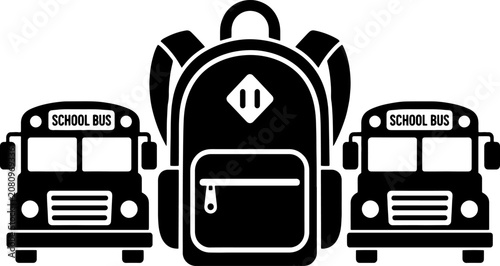 School bus and backpack icons, transportation and education theme, front view, vector graphic