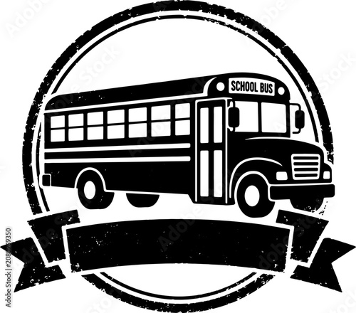 Retro school bus emblem, circular frame, ribbon, back to school concept, grunge vector