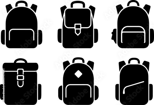 Collection of black backpack silhouettes, various styles, grunge texture, transparent vector