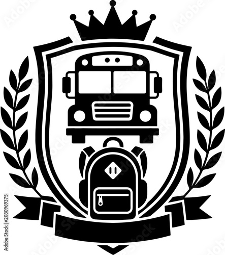School bus and backpack crest, educational symbol, laurel leaves, crown, banner vector