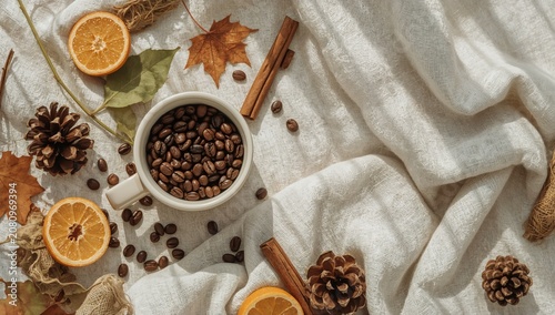 Coffee Beans in a White Cup With Spices and Orange Slices on a Cloth