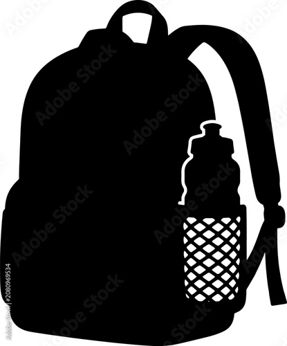 Black silhouette icon of school backpack with water bottle in a side mesh pocket