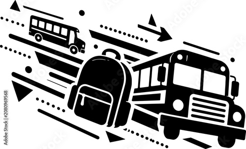 Dynamic composition with school bus and backpack icons on abstract motion lines art
