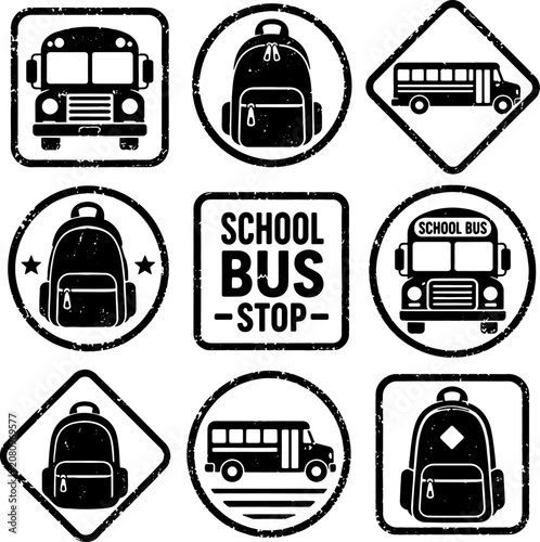Collection of nine vintage grunge stamps featuring school bus and backpack designs