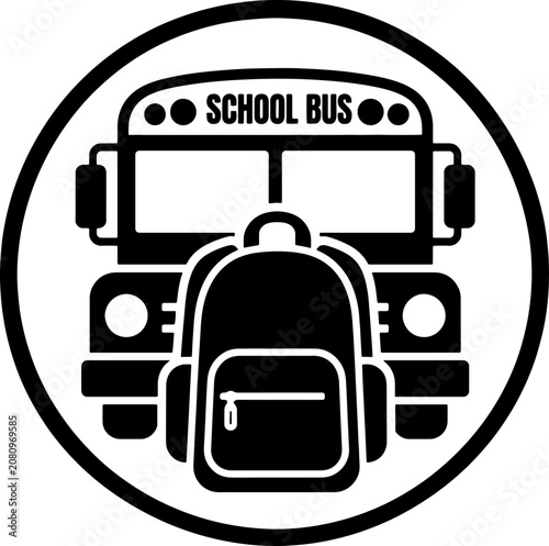 School bus icon with backpack in circle frame vector black and white graphic