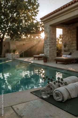 Sunlight Shines on Towels Beside the Pool in a Private Outdoor Space in the A...