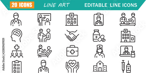 Schilderij op canvas Isolated clinical training icons set, 20 editable line art icons set, clinical t