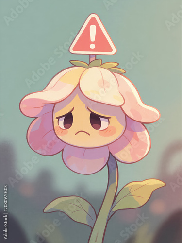 A sad cartoon flower with a triangle warning sign conveying a touching error message