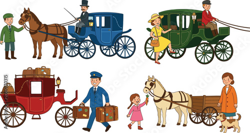 Fotografie Vintage style illustration set featuring horse-drawn carriages and people in his