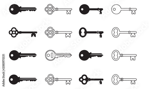 Key and vintage keys icon set, antique and security symbols